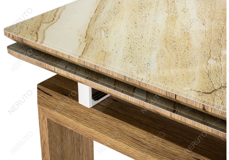 Стеклянный стол Даос бежевый мрамор / дуб монтана